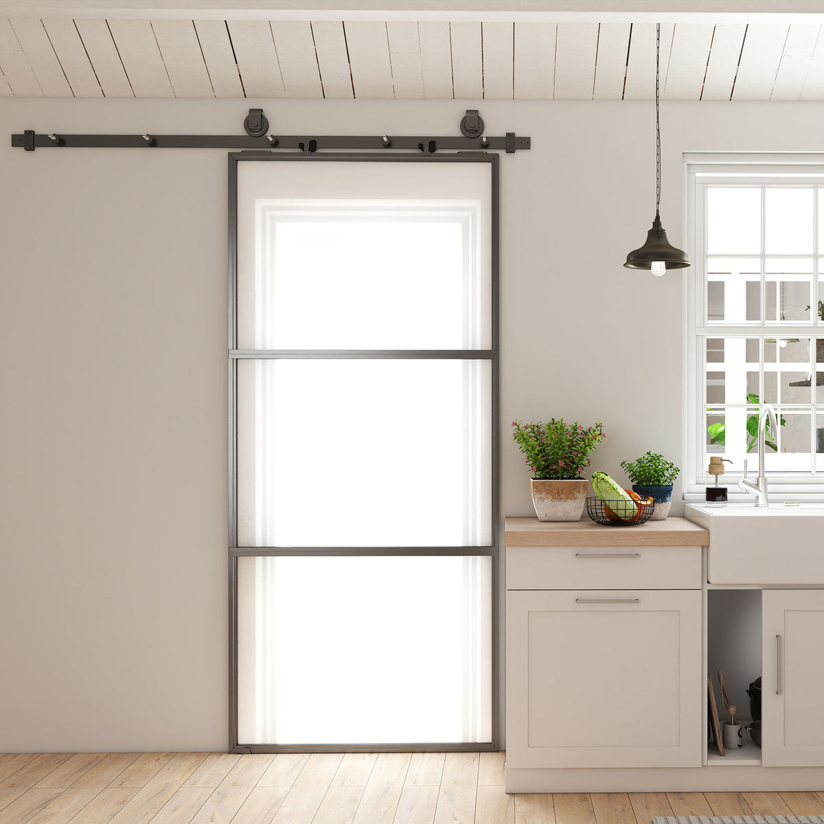 HOMCOM Schiebetür mit Milchglas, Schienensystem, Montagesatz, Soft-Close-Mechanismus, leichter – Produktabbildung 2