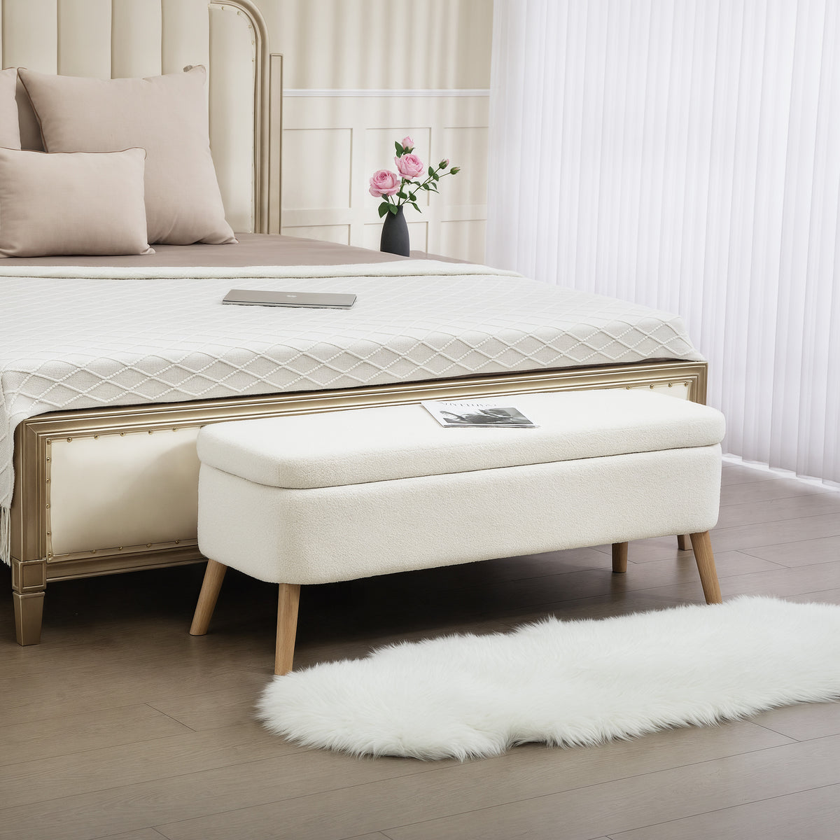 HOMCOM Aufbewahrungsbank, Sitzbank mit 65 L Stauraum, Teddy-Fleece-Stoff, Kautschukholz, 120 x 42 x 45 – Produktabbildung 2
