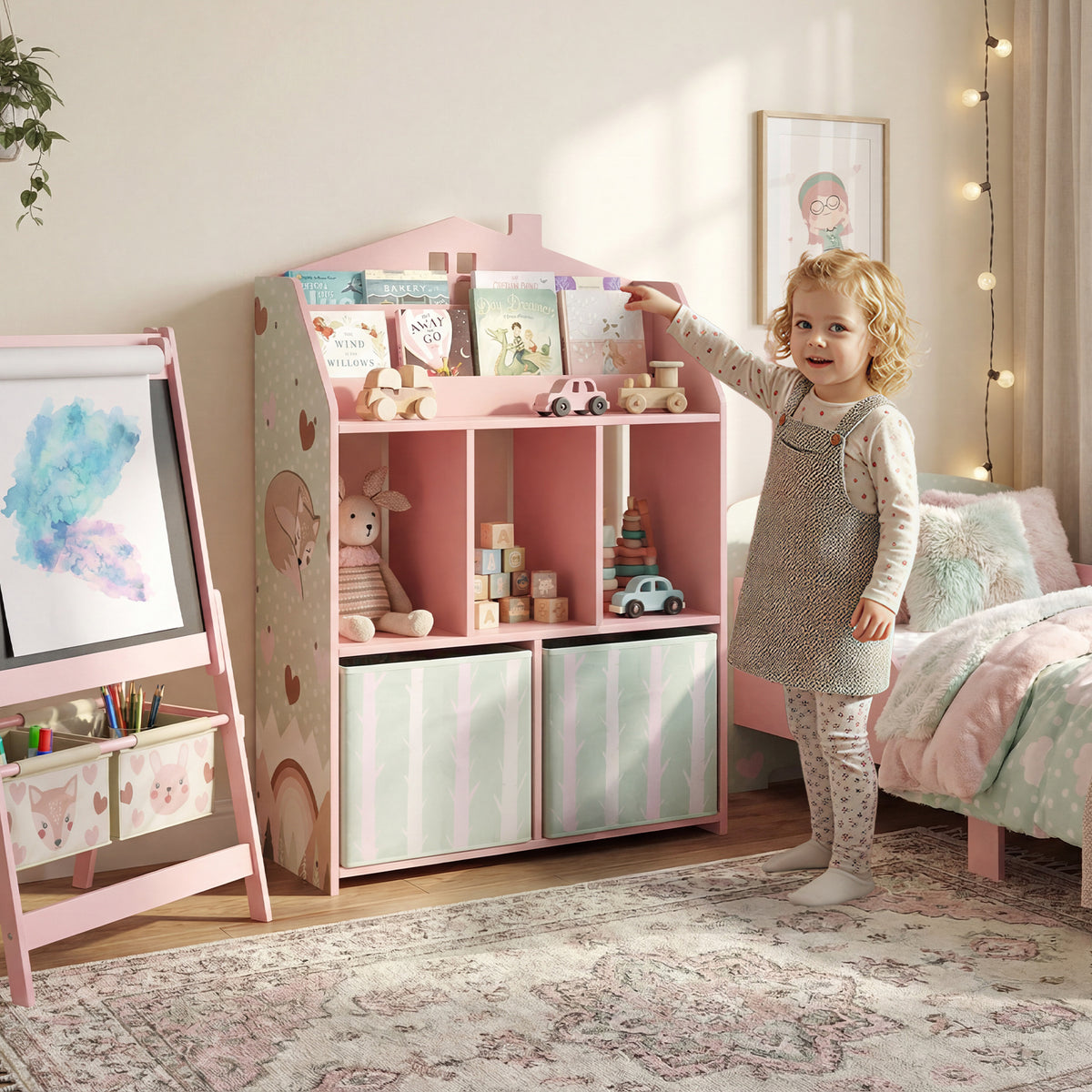 Kinderregal Bücherregal Kinder mit 2 Stoffschubladen offen Regal für 3-8 Jahre 62,5x30x91,5 cm Rosa – Produktabbildung 2