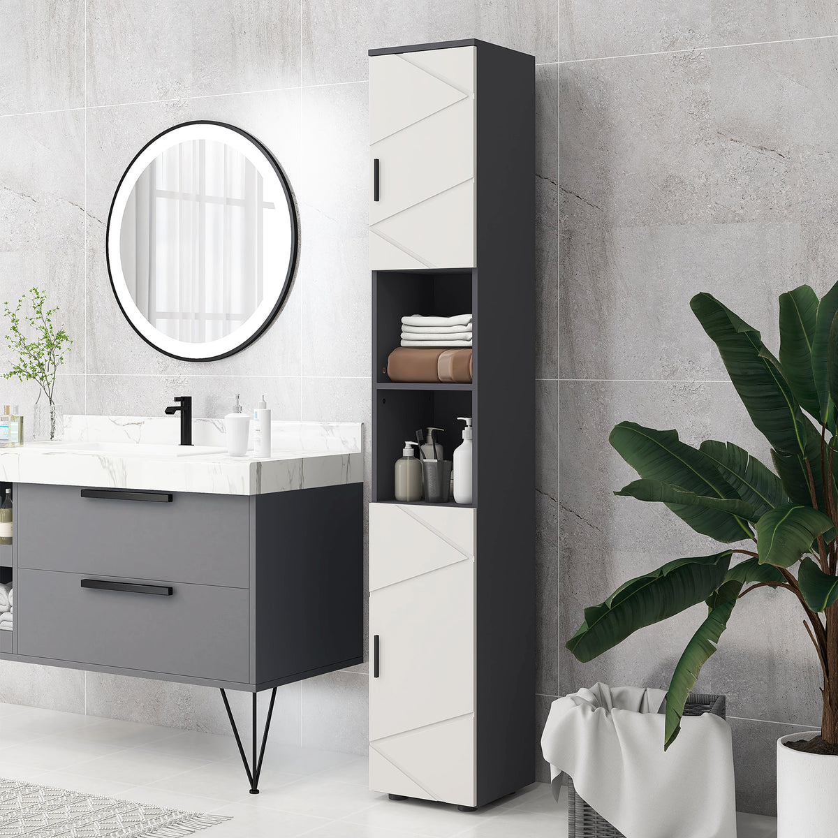 KleanKin Badezimmerschrank, Badschrank, verstellbare Regale, Spanplatte, Hellgrau – Produktabbildung 2