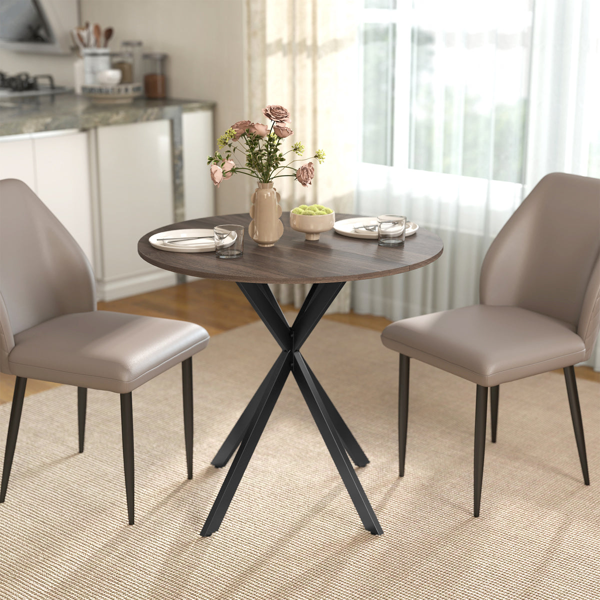 HOMCOM Runder Küchentisch, 80 cm, kompakte Tischplatte, Spanplatte, Metall, Braun – Produktabbildung 2