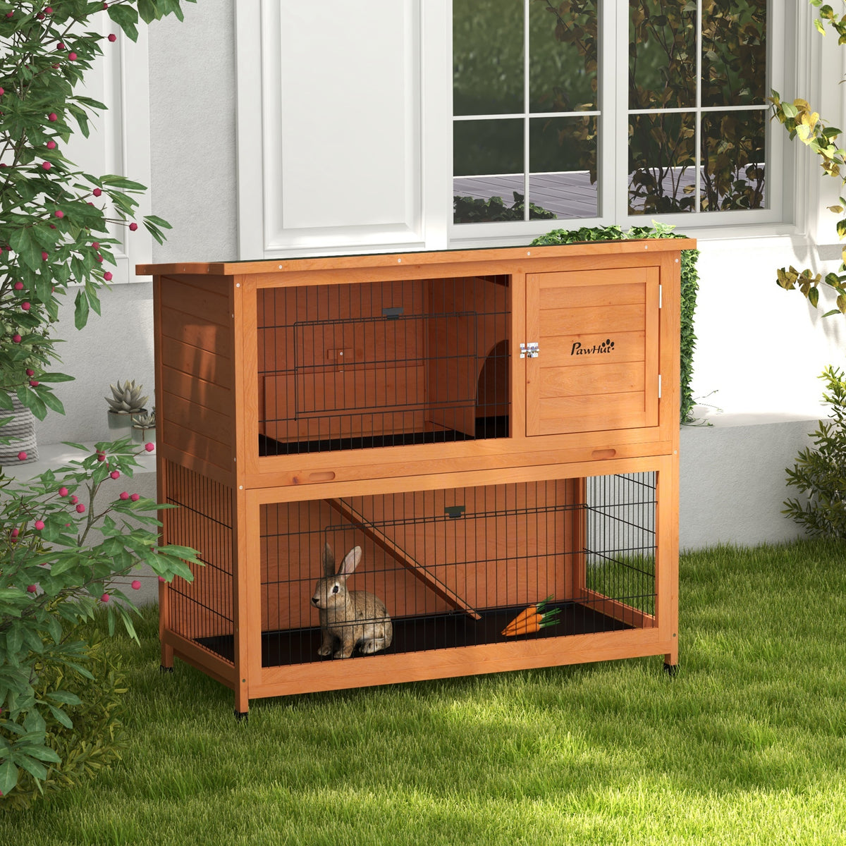 PawHut Kleintierstall Kleintierhaus Nagerstall, wetterbeständig, 2 Bodenwannen, 123 x 63 x 112 cm – Produktabbildung 2
