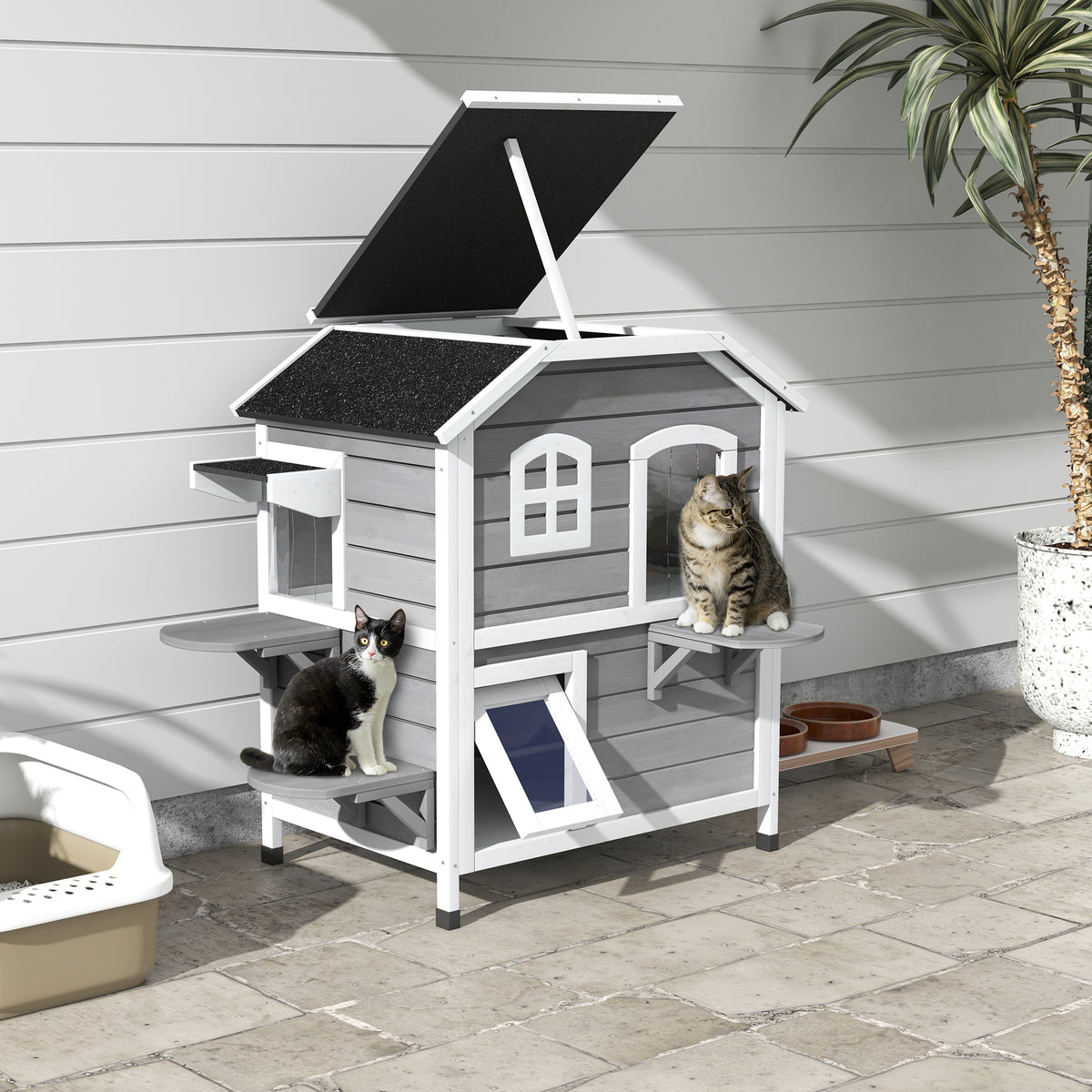 PawHut Katzenhaus aus Holz 2-Etagen Winterfest wasserdicht Katzenhütte mit Asphaltdach klappbarem Deckel – Produktabbildung 2
