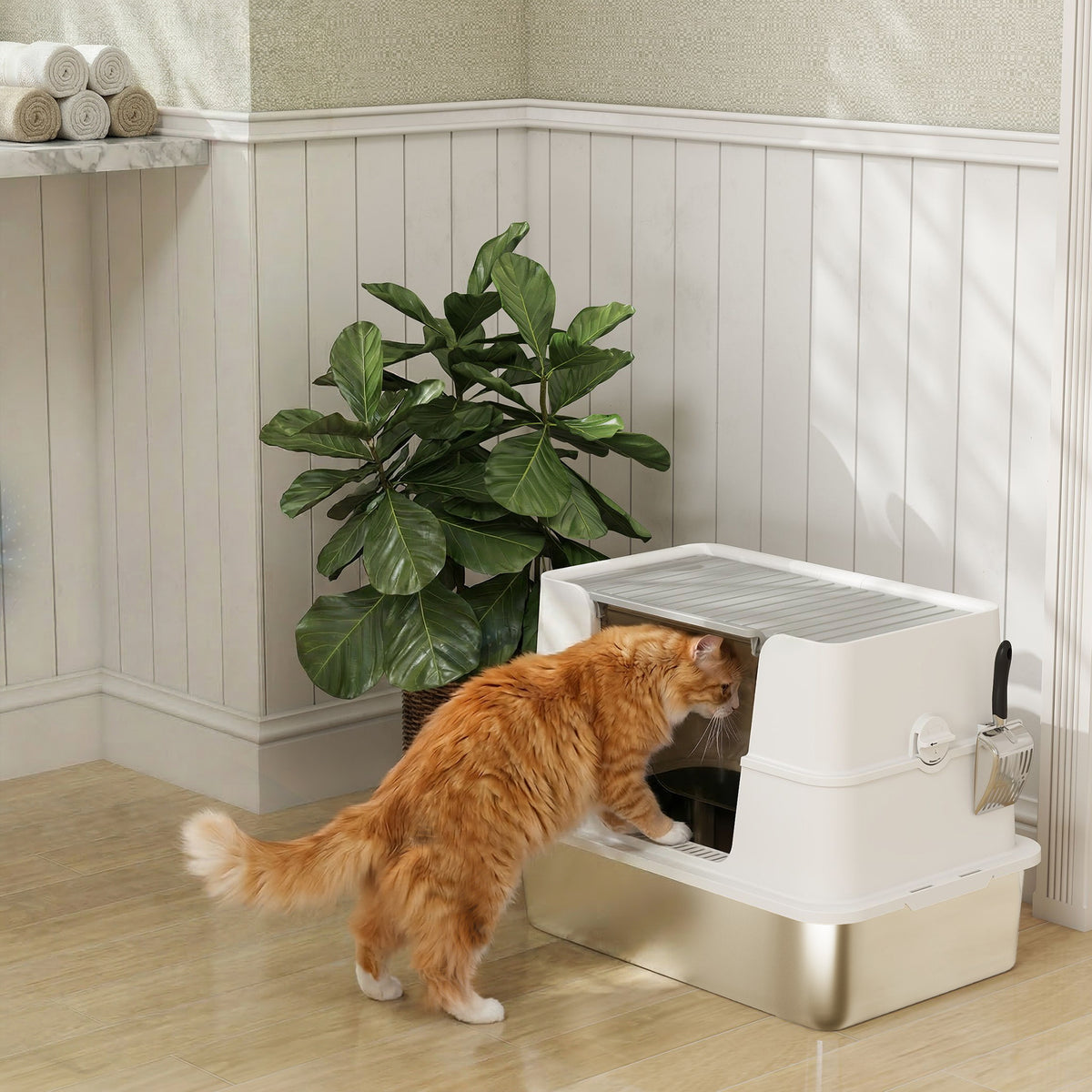 PawHut Katzentoilette, Edelstahl, XL-Innenraum, mit Schaufel, Hellgrau – Produktabbildung 2