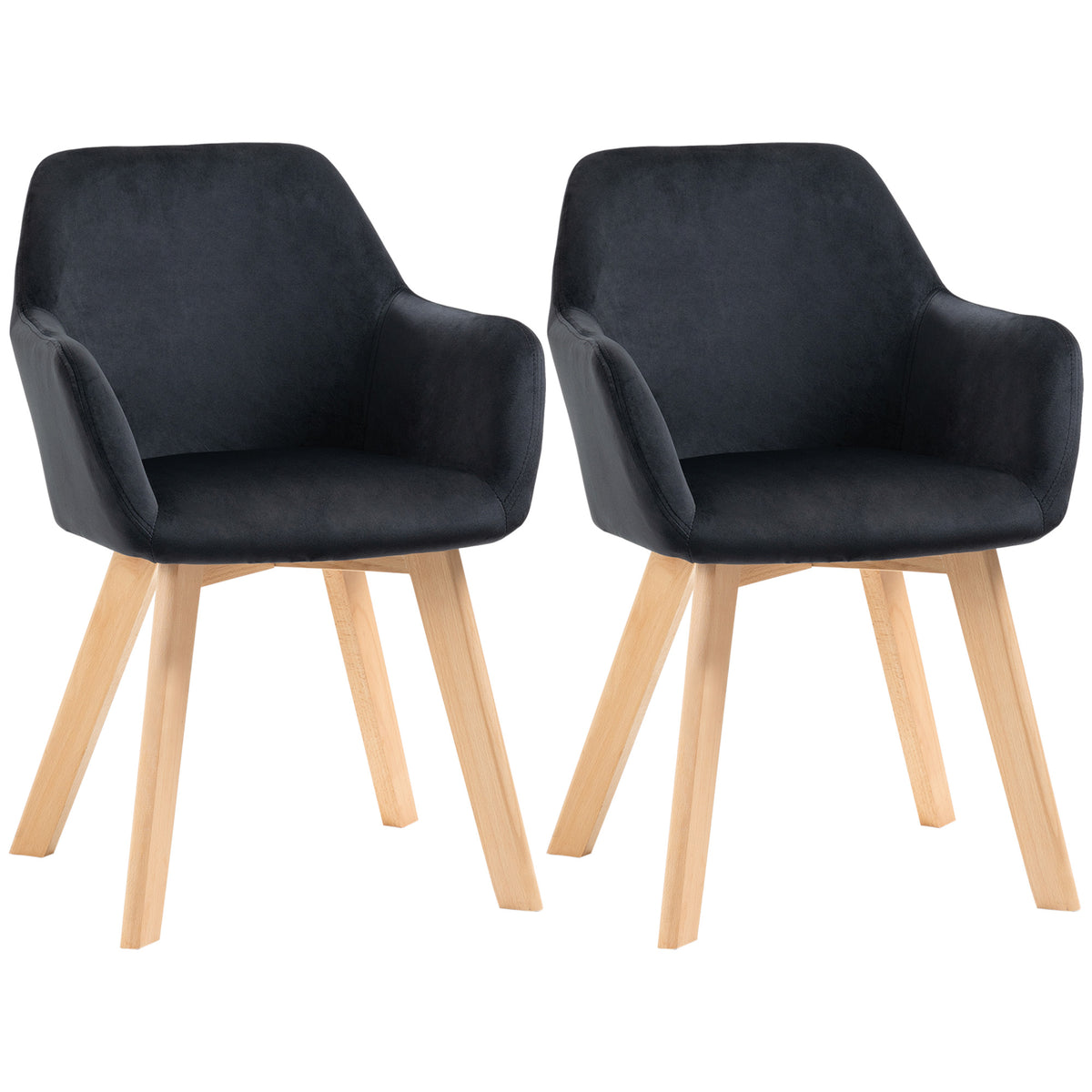 HOMCOM Esszimmerstühle, 2er-Set, modernes Design, Samtoptik, Kautschukbaumholz, 54x57x80 cm, Schwarz