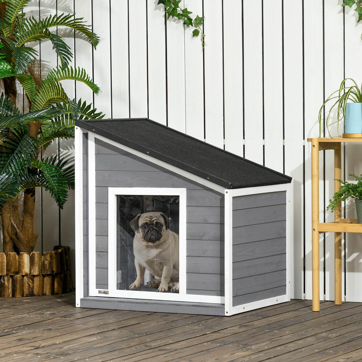 PawHut Hundehütte aus Massivholz, wetterbeständig, Asphaltdach, 71 cm x 58 cm x 77 cm, Grau + Weiß – Produktabbildung 2