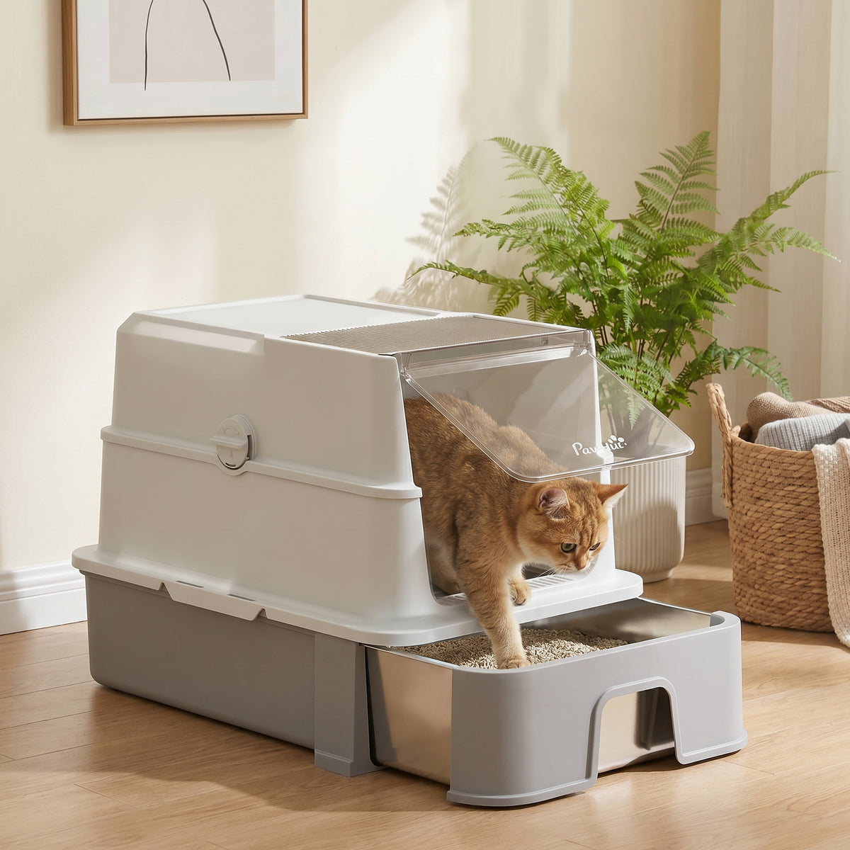 PawHut Katzentoilette aus Edelstahl mit Deckel, XL Katzenstreubox mit Schaufel, herausziehbare Wanne – Produktabbildung 8