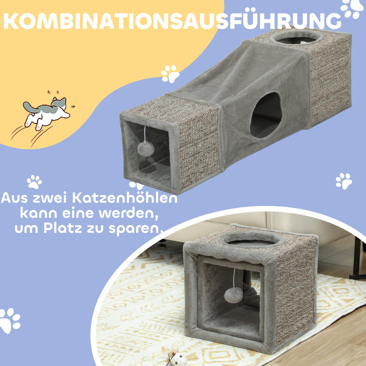 PawHut Katzentunnel, 2 Katzenhöhlen, Kratzflächen und Ballspielzeug, 98 cm x 30 cm x 30 cm, Braun + – Produktabbildung 14