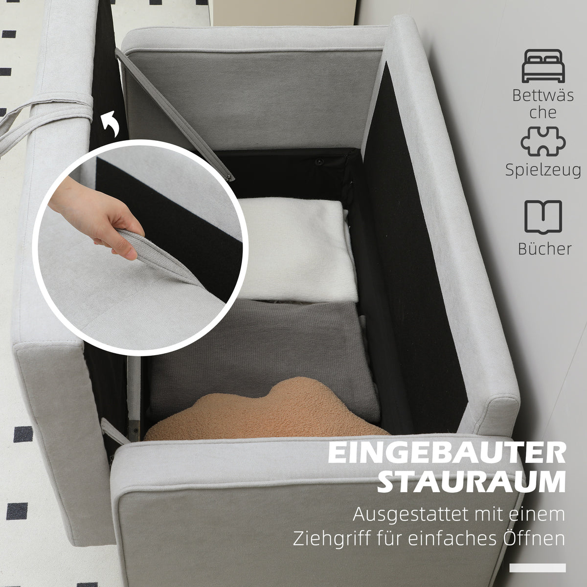 HOMCOM Zweisitzer-Sofa mit Stauraum, Knopfheftung, Kissen, Kautschukbaumholz, 117x62x78cm, Hellgrau – Produktabbildung 4