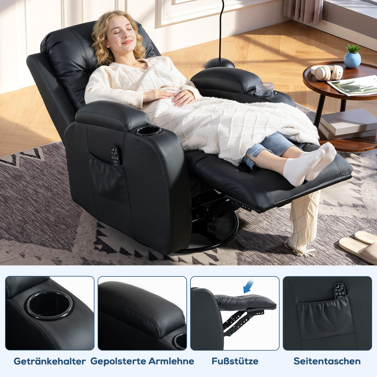 HOMCOM Massagesessel mit Wipp-, Liege- & Wärmefunktion, 3 Modi, drehbar, Schwarz – Produktabbildung 7