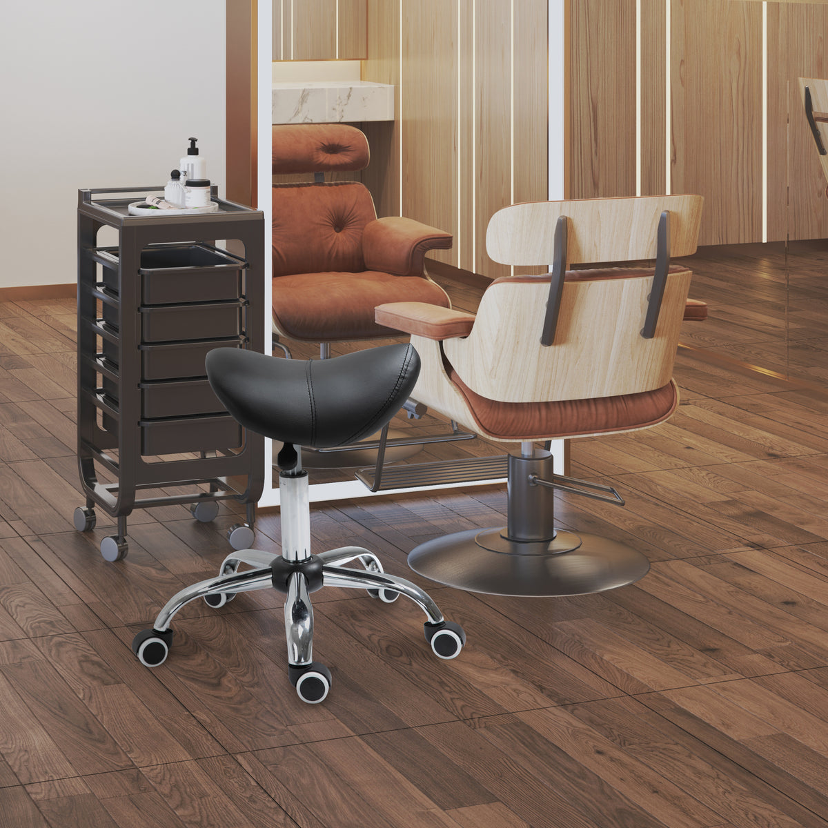 HOMCOM Rollhocker höhenverstellbar Drehhocker 49-61 cm Arbeitshocker drehbar Sattelhocker für Büro Salon – Produktabbildung 2