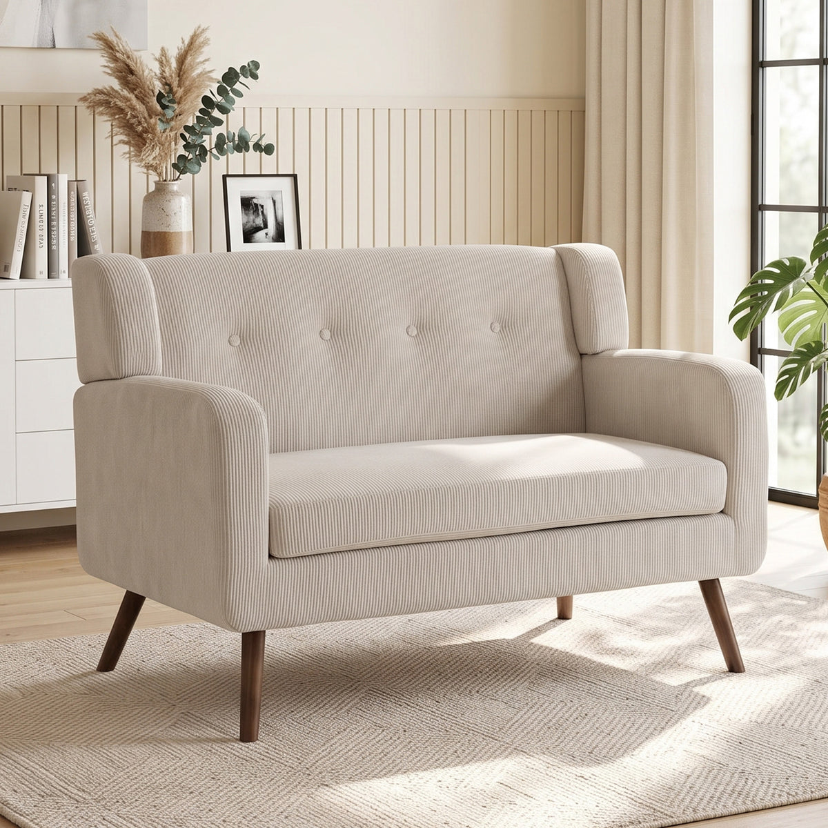 HOMCOM 2 Sitzer 118 cm Couch mit Cord-Optik, Knopfheftung Bequeme Modernes Polstersofa mit Holzbeinen – Produktabbildung 2
