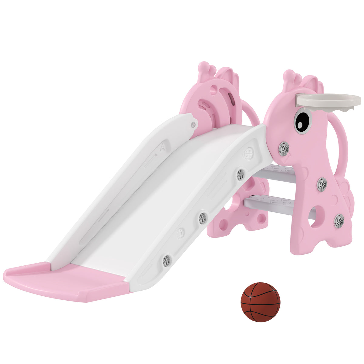 3-in-1 Rutsche für Kinder, Giraffenform, Basketballkorb, Ball, Rosa