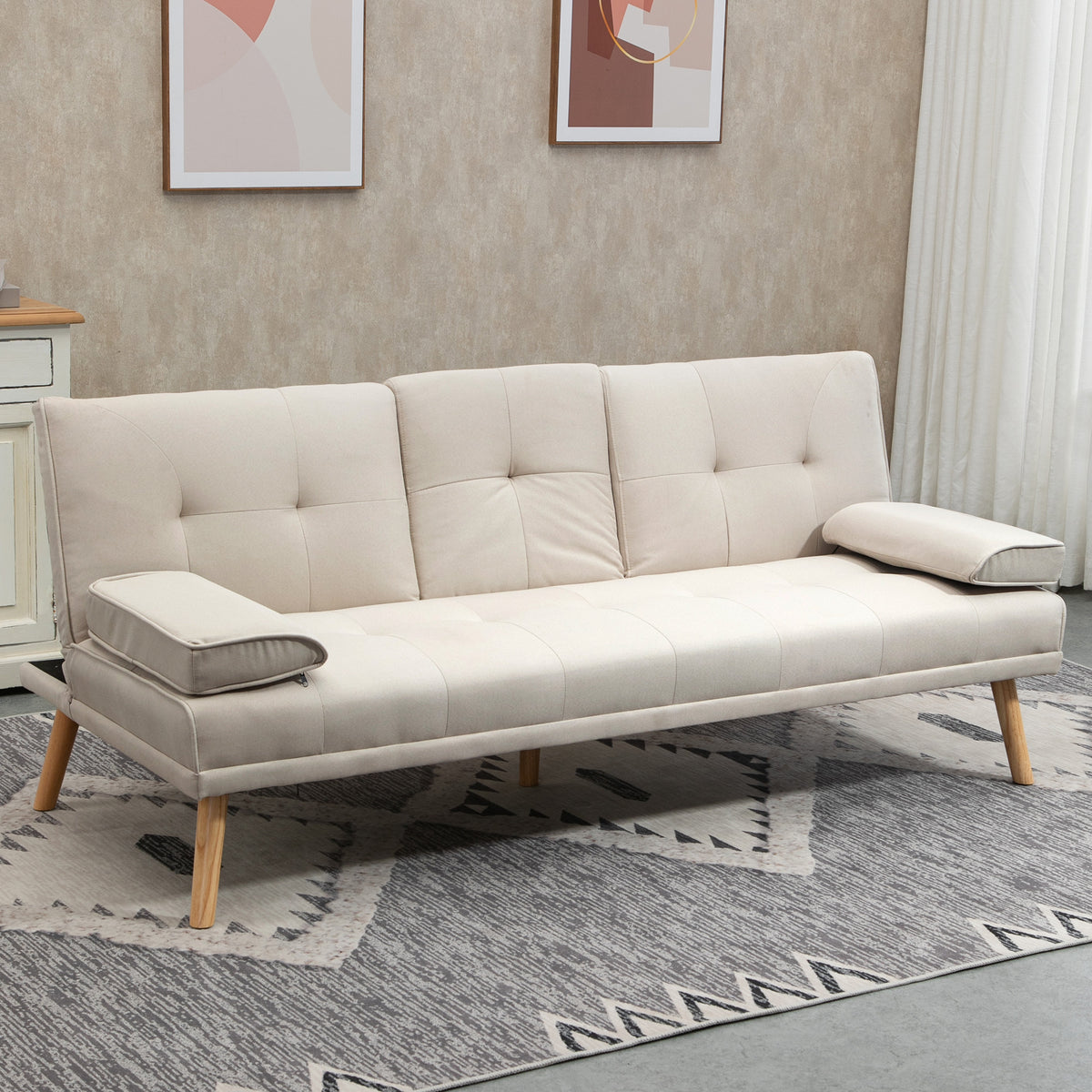 HOMCOM Schlafsofa 3-Sitzer, neigbare Rückenlehne mit Klapptisch, zwei Armpolster, Leinenoptik, beige – Produktabbildung 2