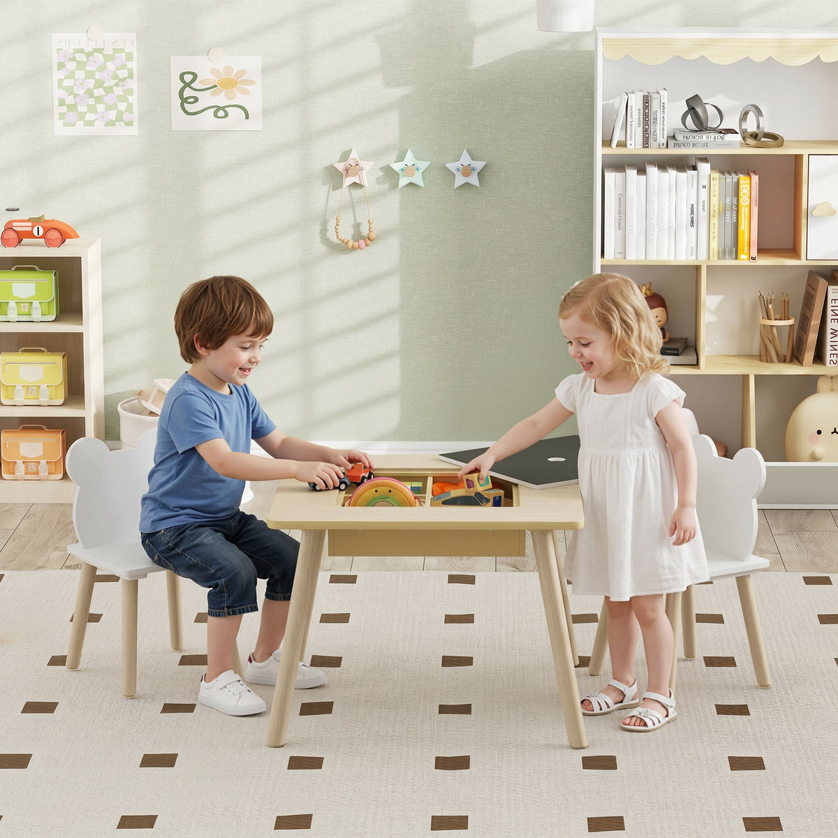 Kindertisch mit 2 Stühlen, Kindersitzgruppe mit Stauraum bärförmiger Rückenlehne für 3-6 Jahre Kinder – Produktabbildung 2