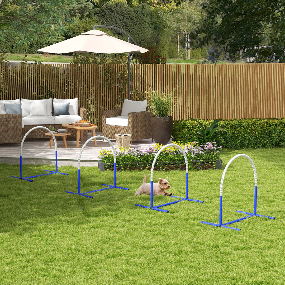 PawHut Agility-Set für Hunde, Hundetraining, 4 Bögen, für Einsteiger, mit Tragetasche, blau+weiß, 88 x – Produktabbildung 2
