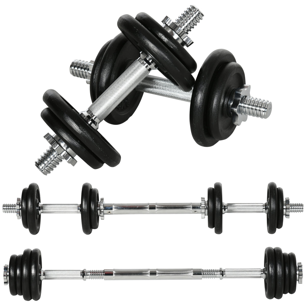 HOMCOM Kurzhantel, Langhantel, 2-in-1, 20 kg, 8 Hantelscheiben, rostfrei, Eisen, schwarz, 95 x 16 x 16Hcm