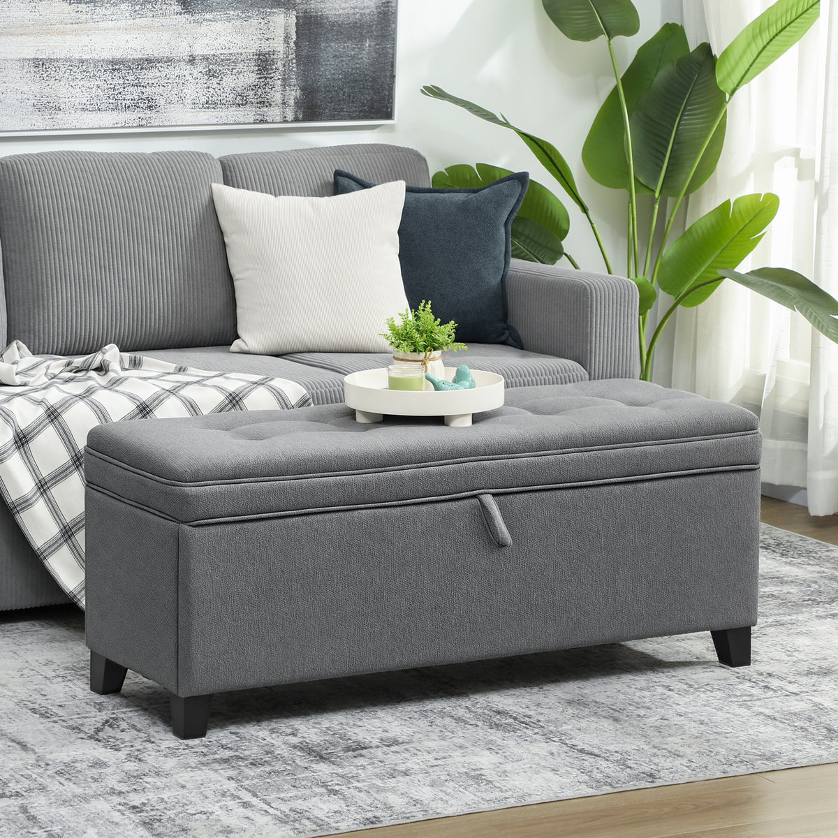 HOMCOM Sitzbank mit Stauraum, Polsterbank 120x40x48 cm mit Sicherheits-Scharniern, Leinenoptik – Produktabbildung 2
