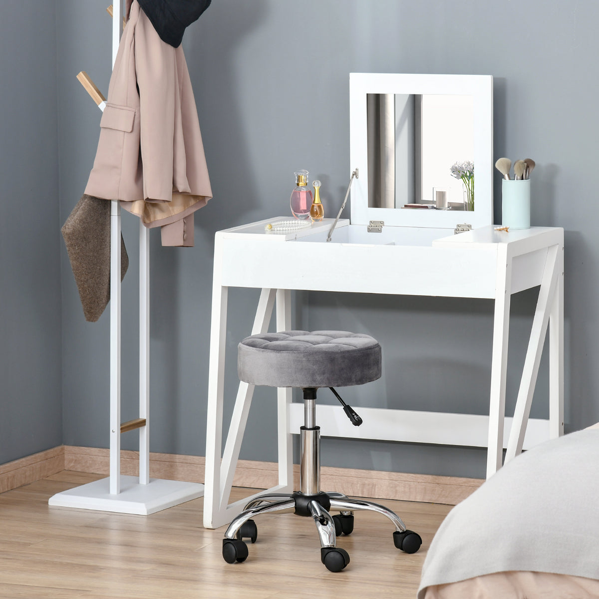 Salonstuhl mit Rädern Rollhocker höhenverstellbar drehbar Salon Hocker Samt-Touch Schaumstoff – Produktabbildung 2