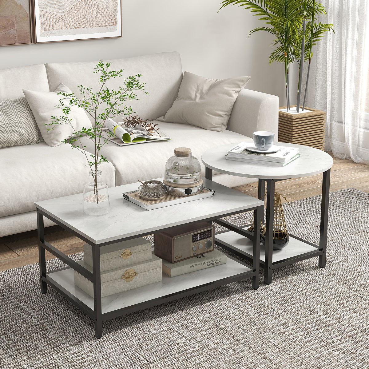 HOMCOM Couchtisch-Set, 2 Beistelltische, Marmoroptik, verstellbare Füße, Stahl, Schwarz/Weiß – Produktabbildung 2