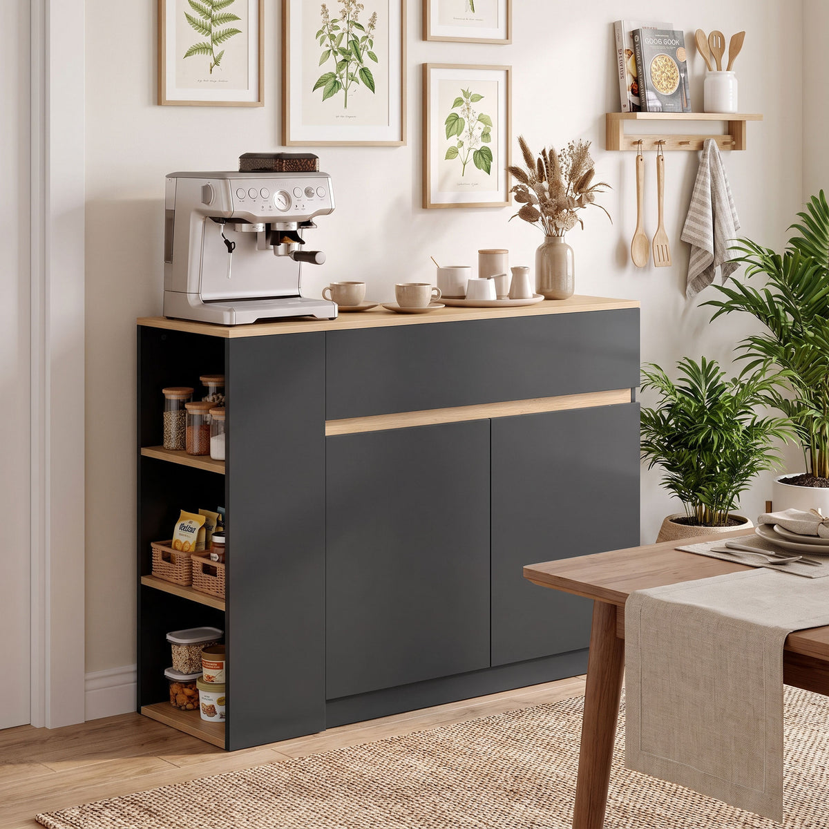 HOMCOM Sideboard, Buffet, großes Schrankfach, 3-stufiges Regal, Schublade, schwarz, 110 x 29,5 x 82cm – Produktabbildung 9