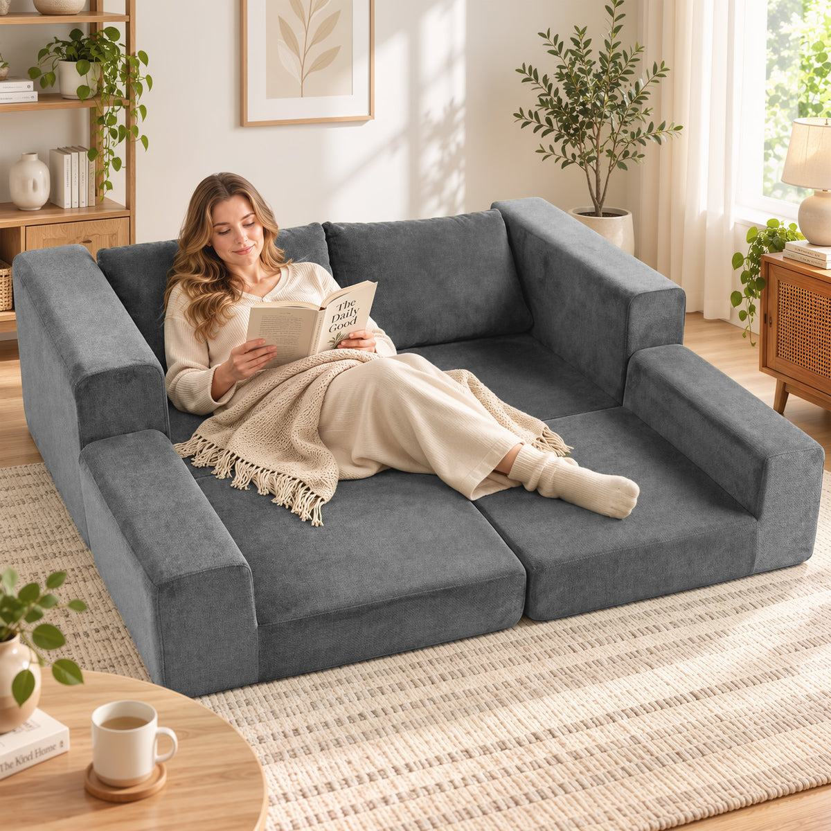 HOMCOM Schlafsofa 4-in-1 Schlaffunktion ausziehbar Klappsofa Kissen 2 Sitzer Grau – Produktabbildung 2