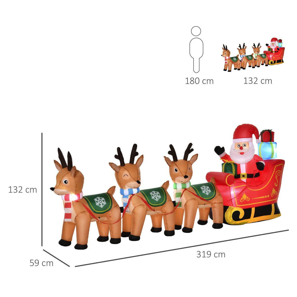 HOMCOM Aufblasbarer Weihnachtsmann Rentiere Outdoor-Weihnachtsdekoration, inkl. Gebläse, 140 m, Rot + – Produktabbildung 2