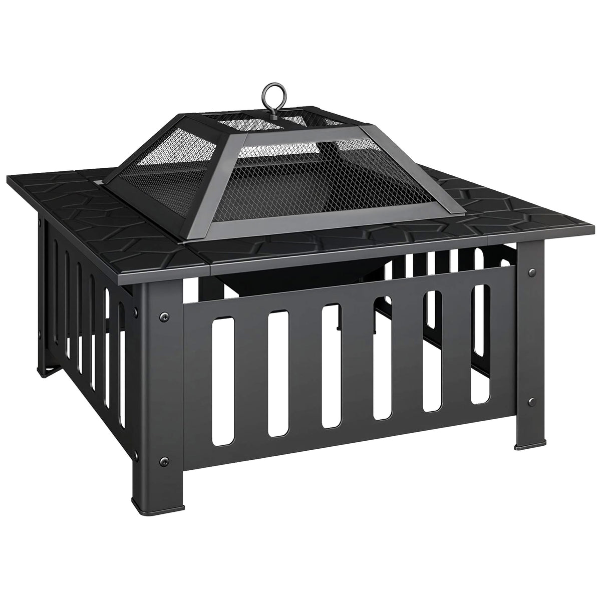 Outsunny Feuerschale aus Stahl Feuerstelle mit Funkenschutz Schürhaken für Outdoor Camping 67x67x47cm Schwarz