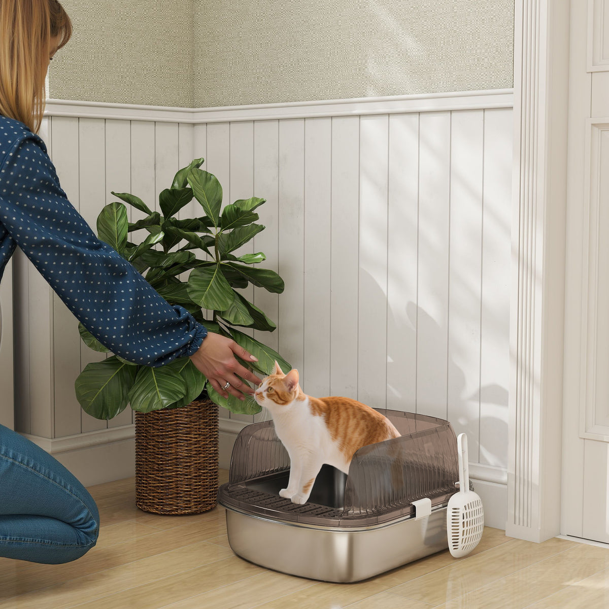 PawHut Katzenklo Edelstahl, Katzentoilette mit hohem Rand, Wanne, inklusive Schaufel, für große Katzen – Produktabbildung 2