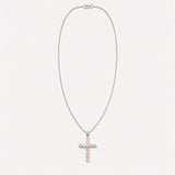 Indian Devotional Pendant - Silver Plated (45cm Chain)- Rose Quartz Crucifix
