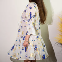Nomad Sari Evil Eye Dress – White, Blue & Gold – Size M/L