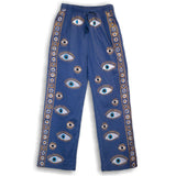 (LXL) Nomad Sari On the Med Collection - Lounge Pants - Rich Blue & Gold Hand Painted Evil Eye Design