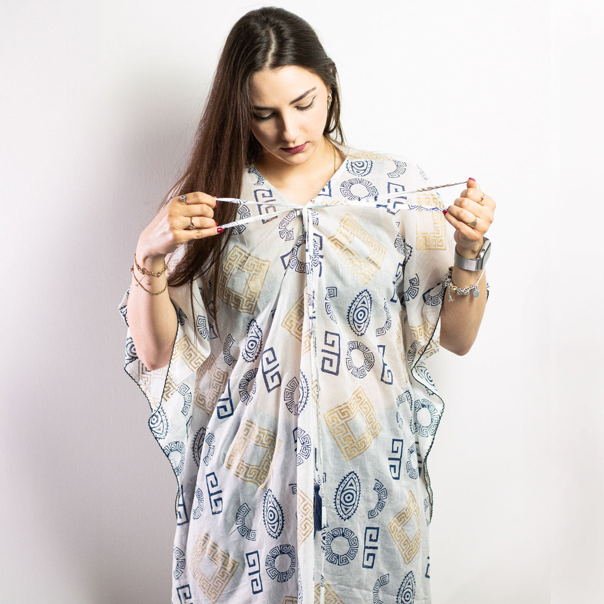 Nomad Sari On the Med Collection - Kaftan - Gold & Blue Greek Motiff - Handpainted