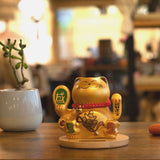 Solar Money Cat Wooden Base  - Gold moving Hand