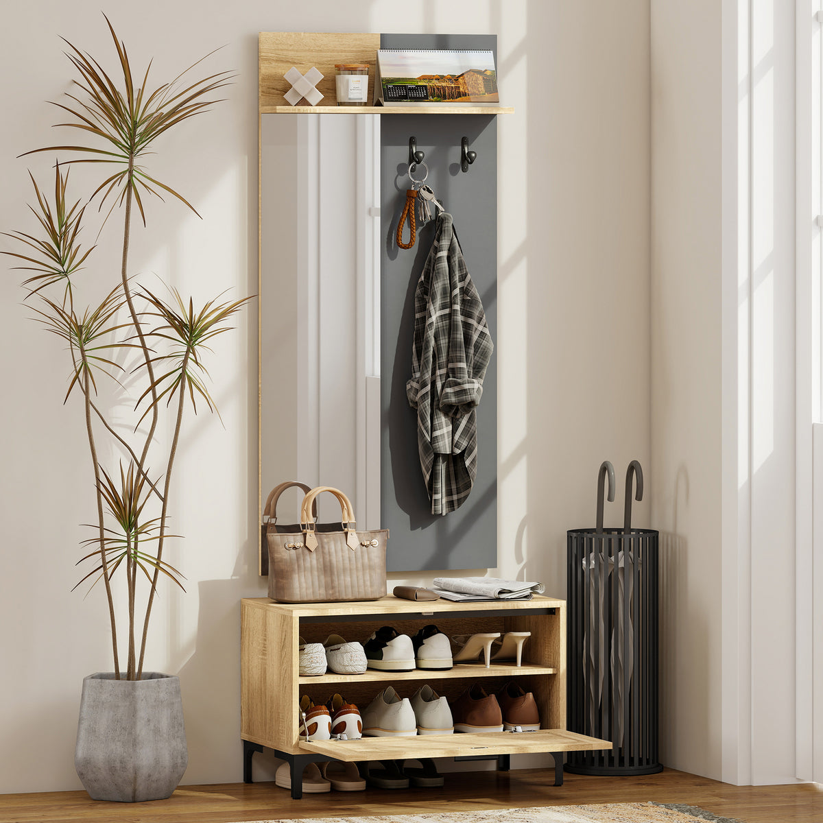 HOMCOM Garderobenset für Eingangsbereich, Schuhbank, Spiegel, 3 Haken, Offenes Regal, Flurmöbel – Produktabbildung 2