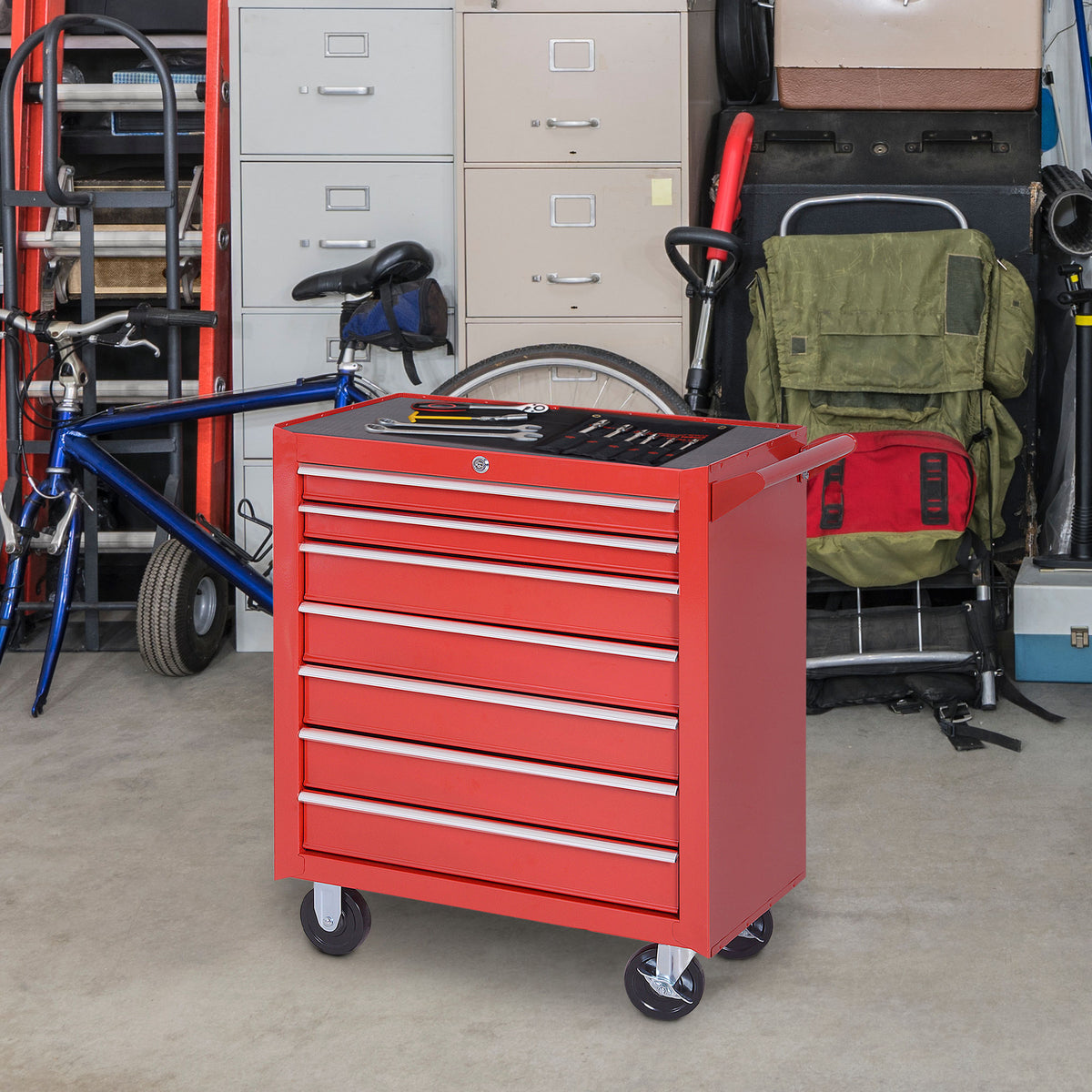 Werkzeugwagen, 2 kleine & 5 große Schubladen, Stahl, bis 150 kg, 69 x 33 x 75 cm, Rot – Produktabbildung 2