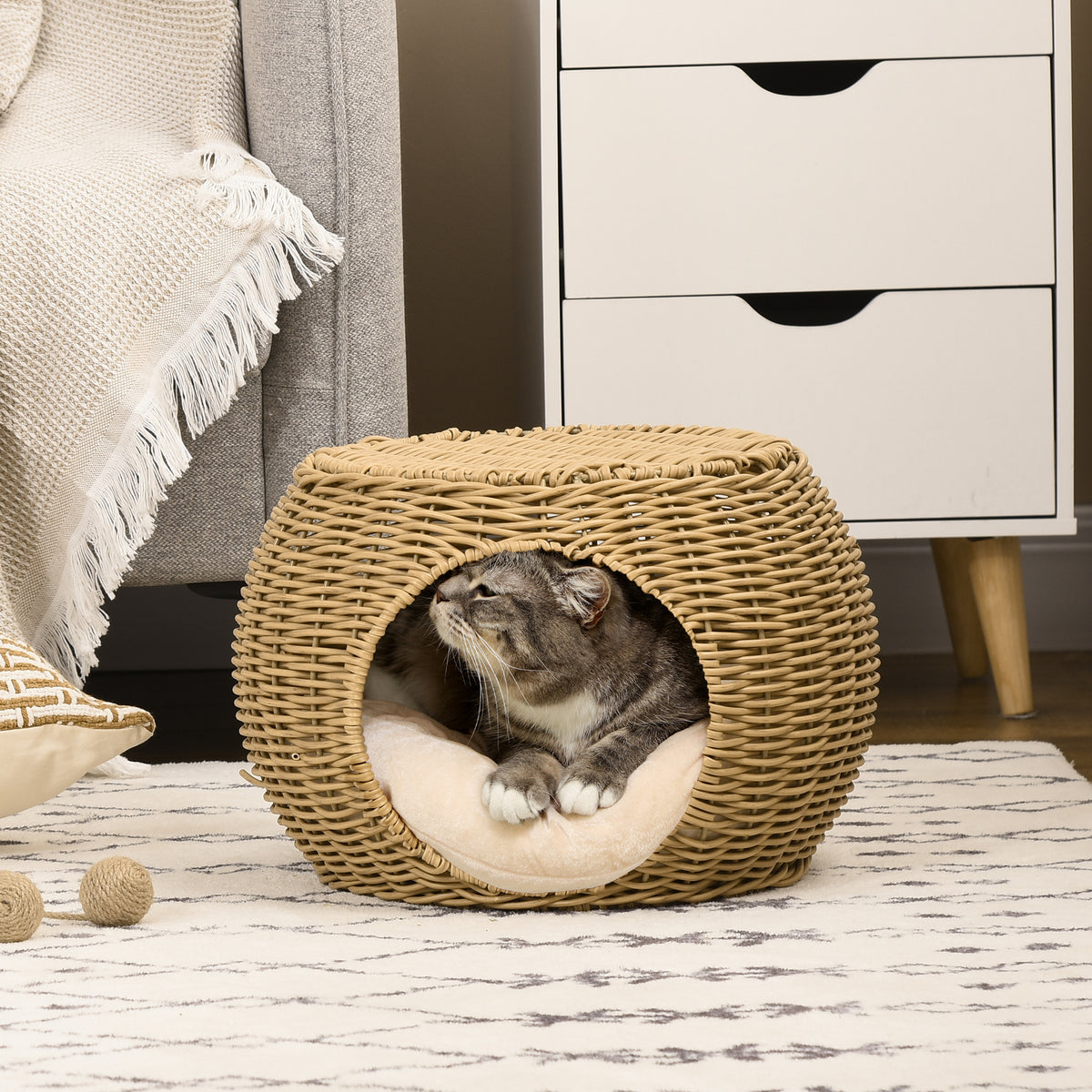 PawHut Katzenkorb Rattan zweistöckig Katzenbett Katzenkörbchen mit Kissen Vordertür für Katze unter 3,5 – Produktabbildung 2