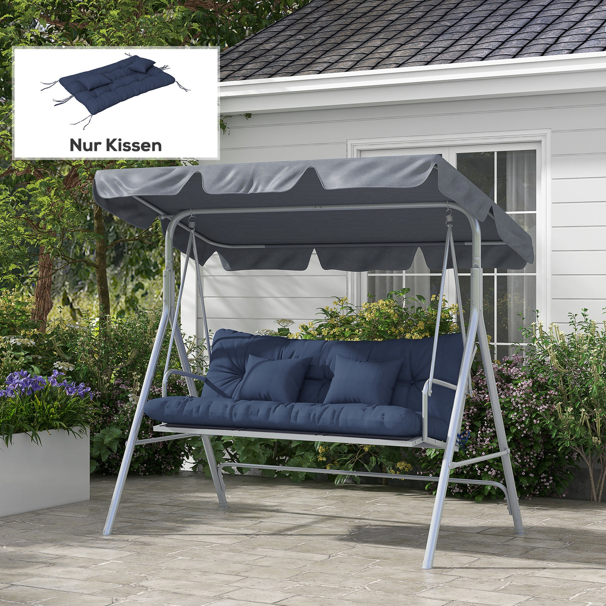 Outsunny 4er-Set Sitzkissen, 150x50 cm wasserabweisend Stuhlkissen mit Bindebänder, 10cm dick Marineblau – Produktabbildung 2
