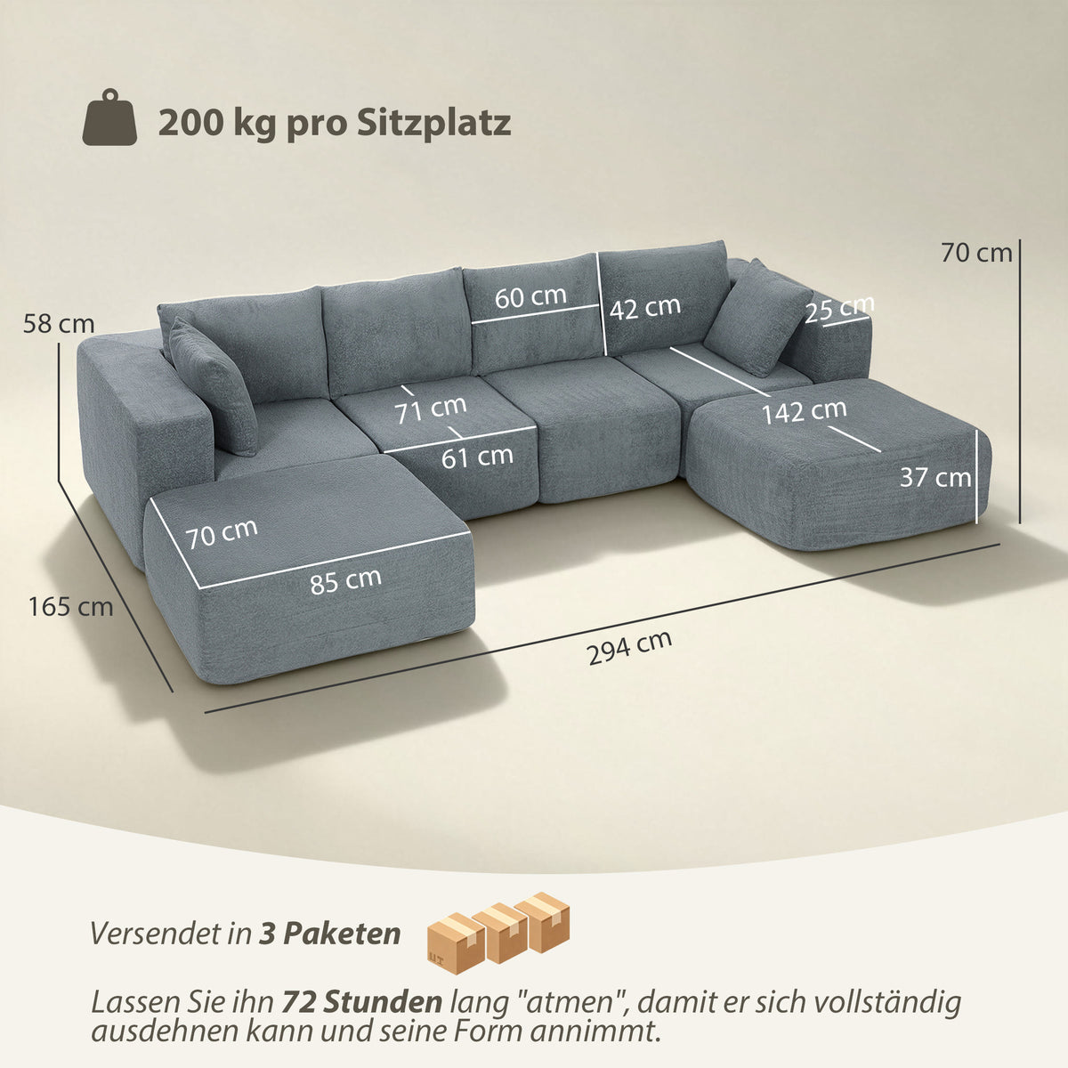 HOMCOM Modulares Ecksofa, U-Form Sofa mit breitem und tiefem Sitz, 2 Hocker, dunkelgrau – Produktabbildung 3