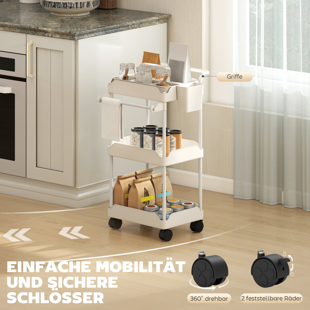HOMCOM Aufbewahrungswagen, 3 Körbe, Handtuchhalter, Räder, Griff, Metallgestell, Weiß – Produktabbildung 6
