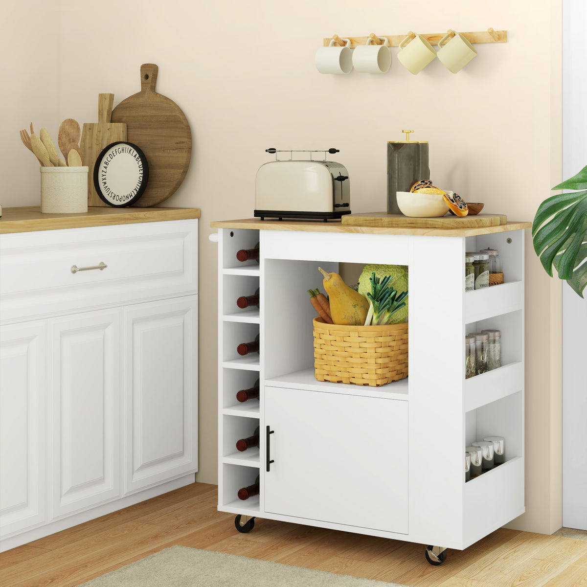 HOMCOM Küchenwagen, Rollbare Kücheninsel, Küchen-Trolley mit Fächern, Weinregalen, Schrank und – Produktabbildung 2