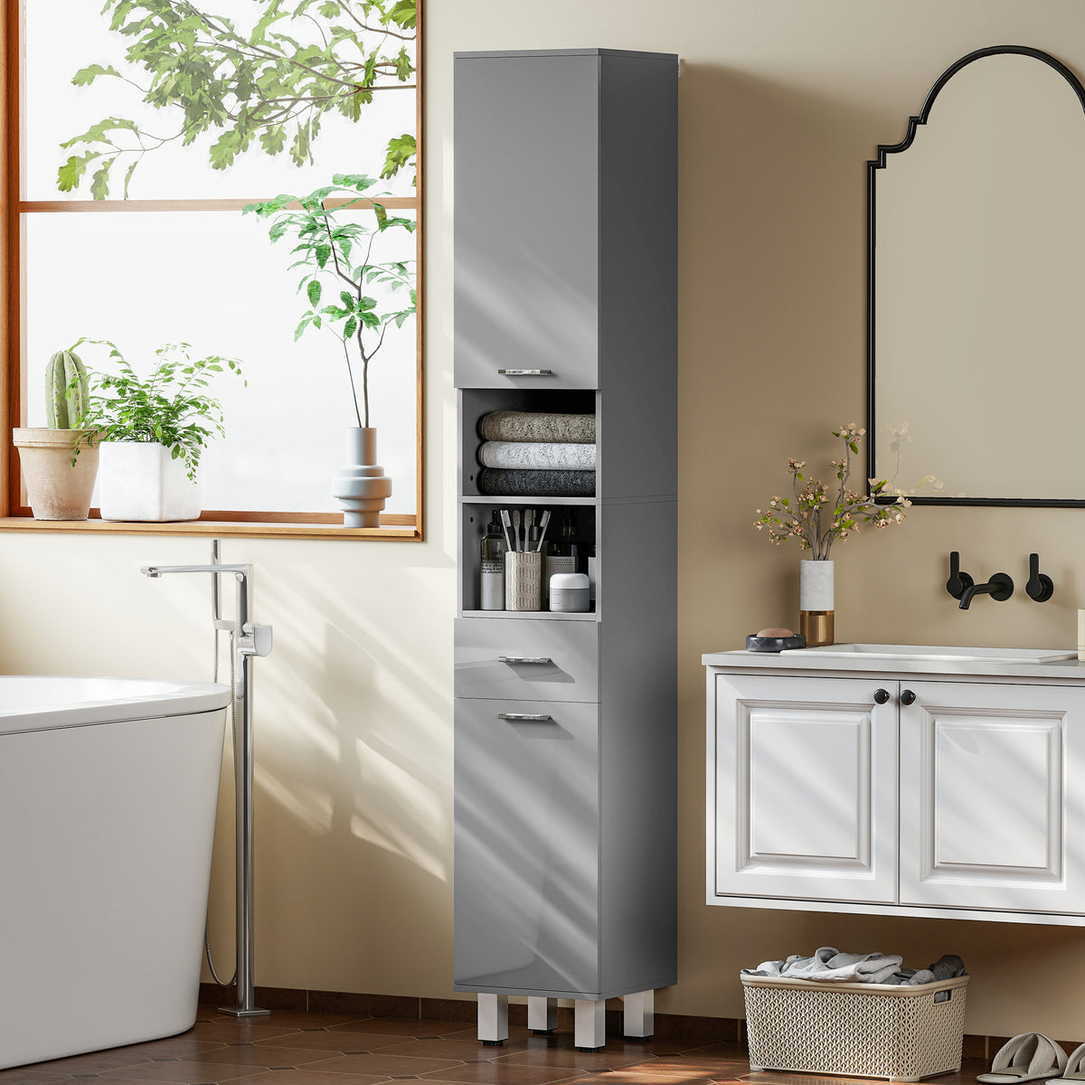 KleanKin Badezimmerschrank, Badkommode, mit Regalen und Schublade, verstellbar, Grau – Produktabbildung 2