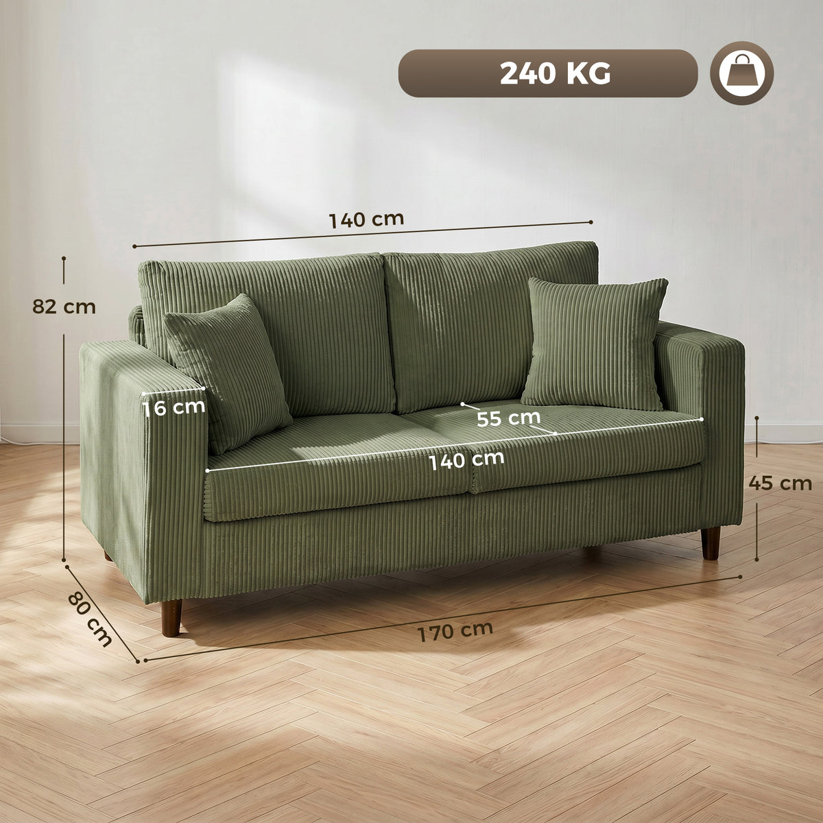 HOMCOM 2-Sitzer-Cordsofa mit breiter tiefer Sitzfläche und Federkernpolster, grün – Produktabbildung 3