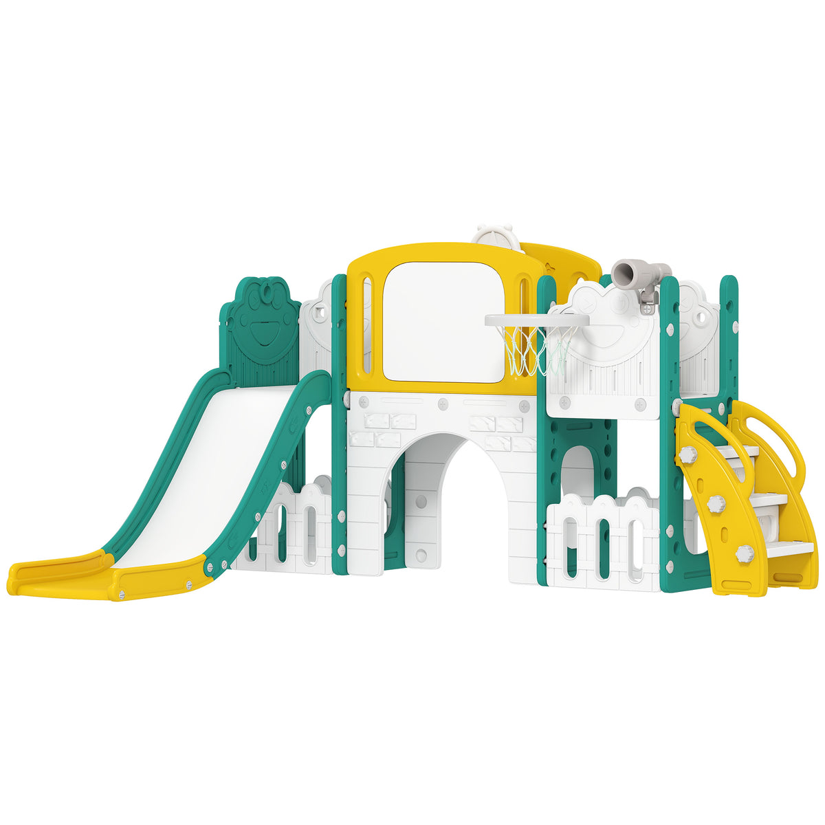 7-in-1 Rutschenset für Kleinkinder, Basketballkorb, Froschdesign, Klettergerüst, Schaukelsitz, für drinnen