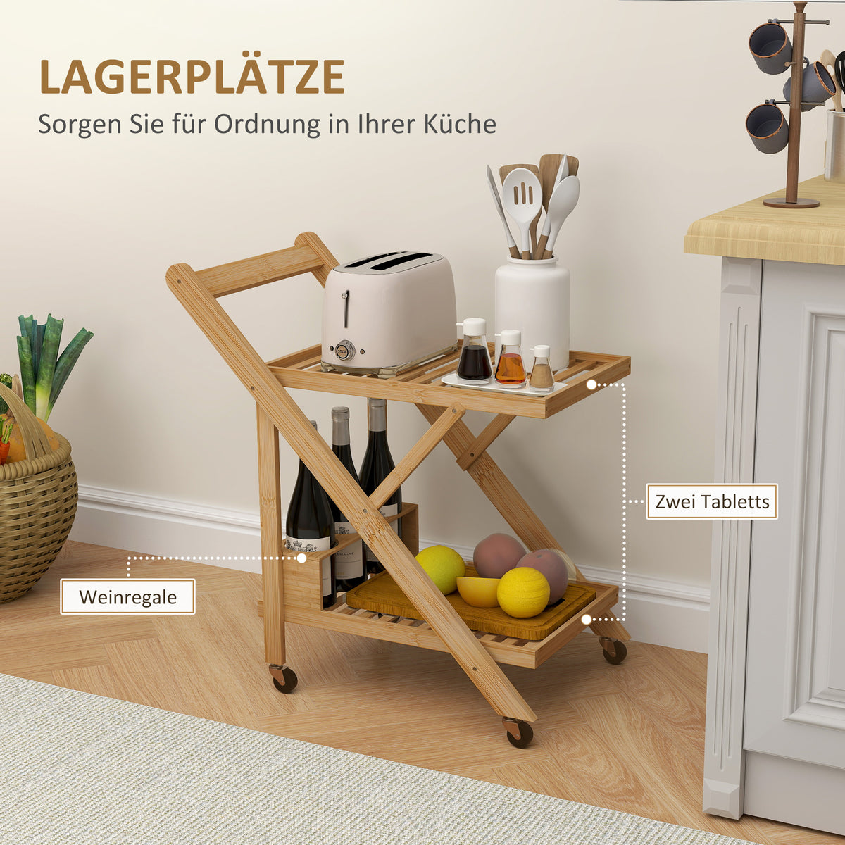HOMCOM Küchenwagen auf Rädern, Servierwagen mit 3 Weinregalen, 2 Tabletts, für Küche, Esszimmer – Produktabbildung 4
