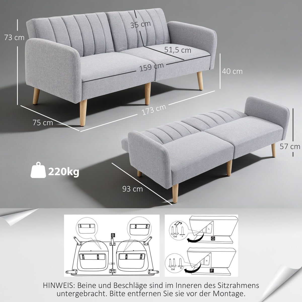 HOMCOM Schlafsofa, 2-Sitzer Stoffsofa, Sofa mit Schlaffunktion, leinenartiges Polyester, Kautschukholz – Produktabbildung 3