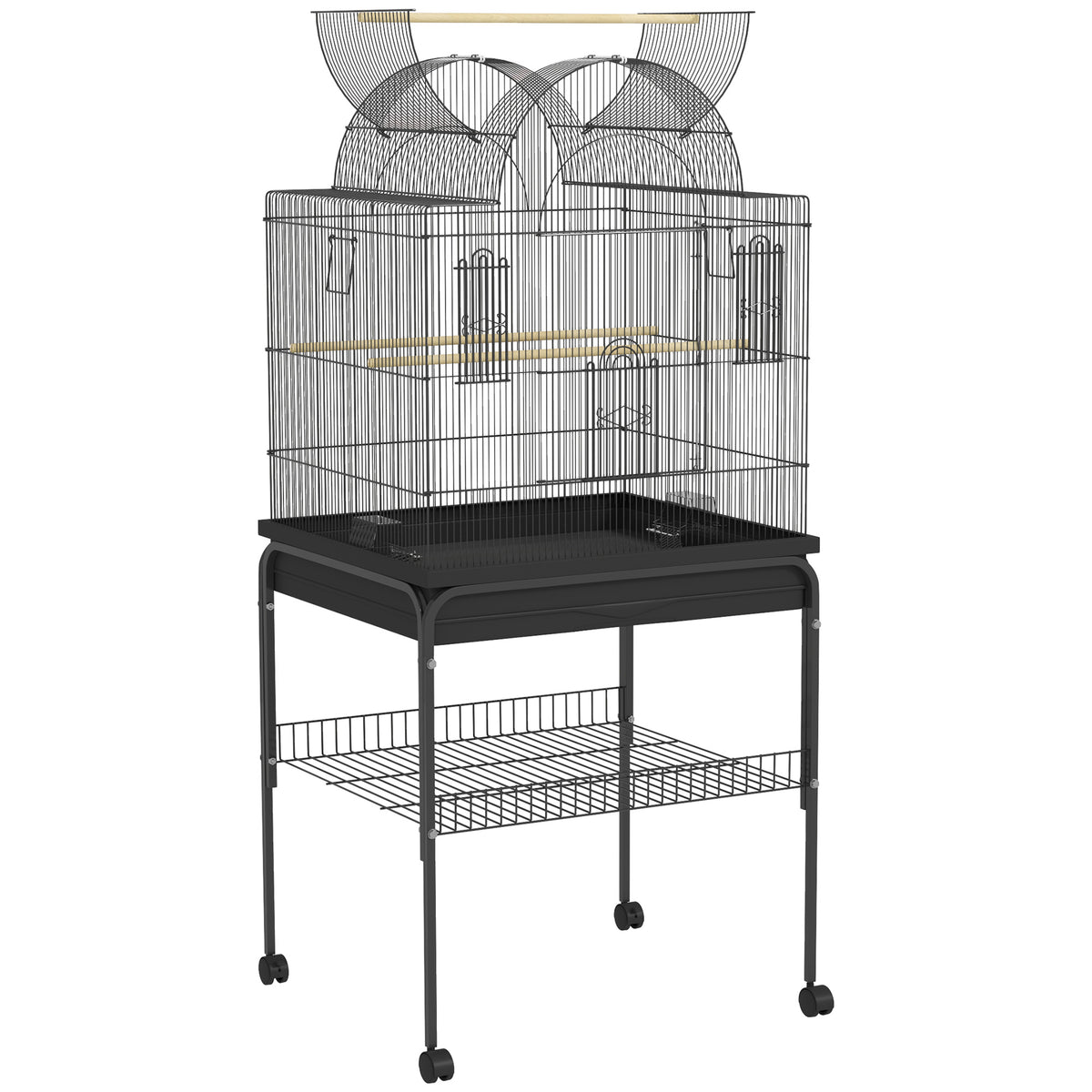 PawHut Vogelkäfig für Kanarienvögel & Wellensittiche, mobil, mit Bodenfach, Metallgitter, Schwarz