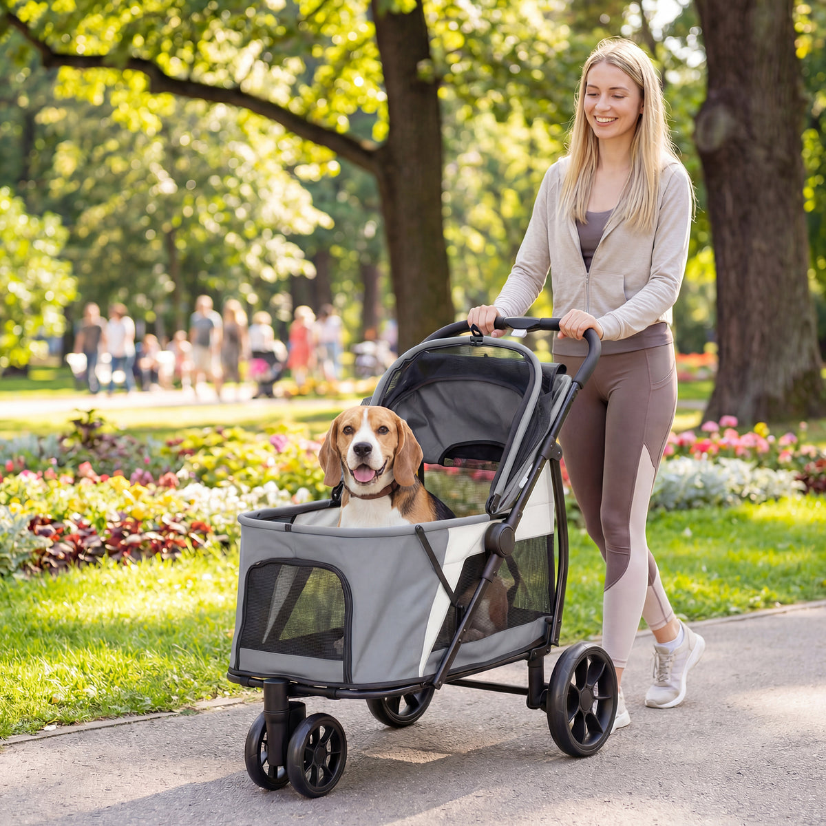 PawHut Hundewagen Faltbar Hundebuggy mit waschbarem Kissen, Netzfenstern, 3 Räder, für mittelgroße Hunde – Produktabbildung 2