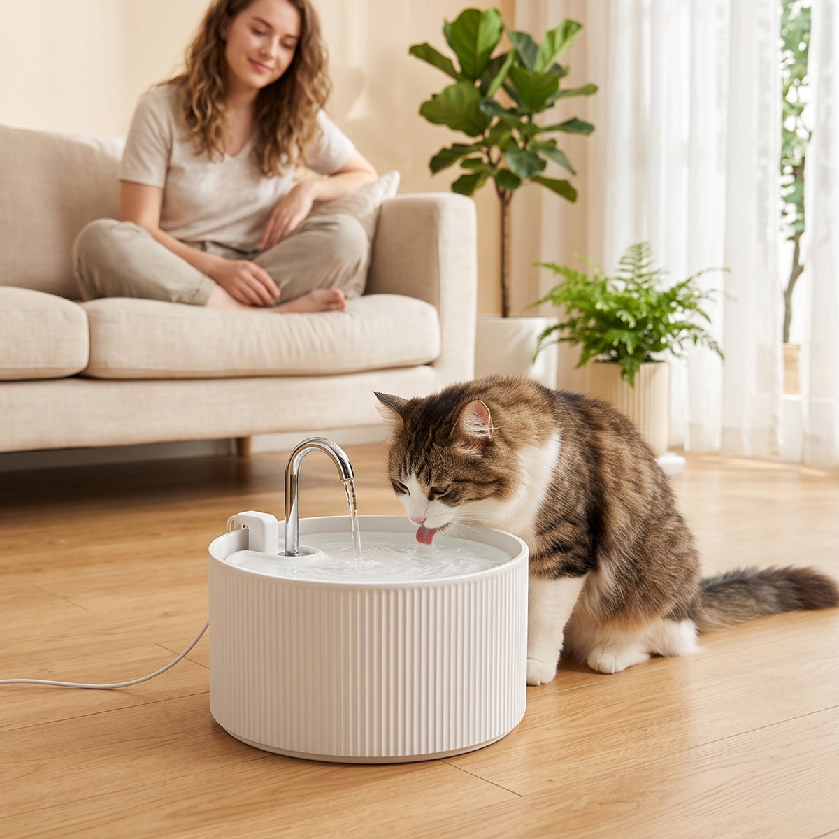 PawHut Katzenbrunnen 2,2L Keramik Trinkbrunnen mit 4-fach Filtersystem 2 Modi 1 Filter & Schaumstoff – Produktabbildung 2