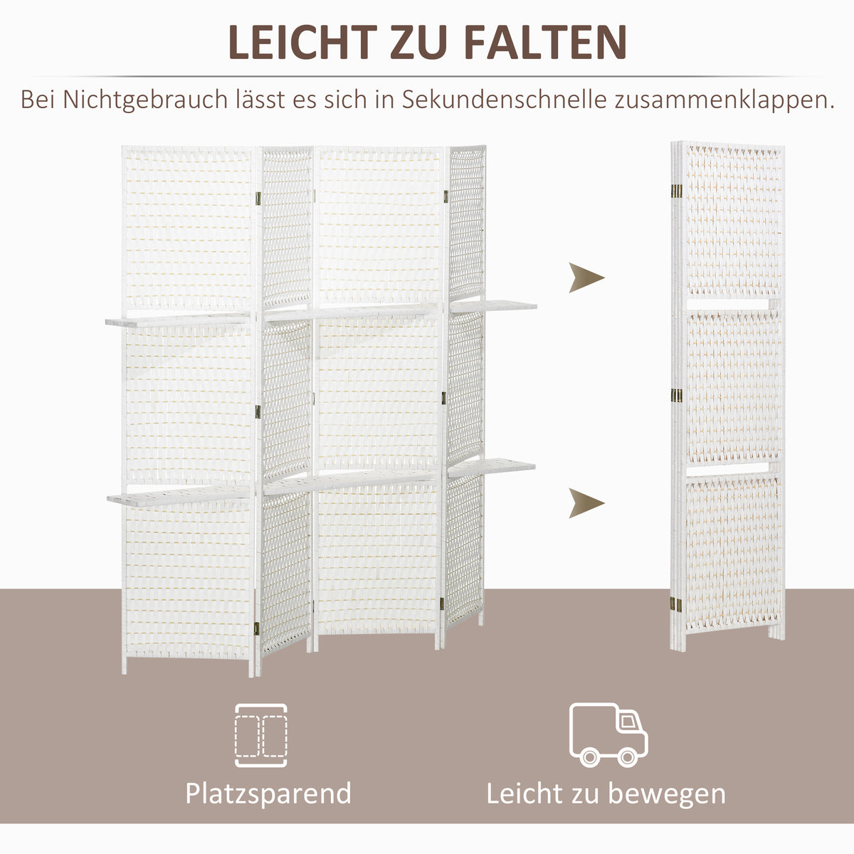 HOMCOM Paravent 4-teilig 181 x 180 cm Faltbar Raumteiler mit 2 Regalen aus Kiefernholz, Bambus für – Produktabbildung 4